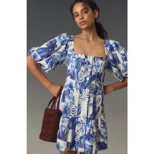 NWT Farm Rio Garden Tiles Blue Floral Linen Puff Sleeve Mini Dress XL Resort